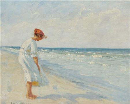 Aage Wang : A young woman in a summer dress dabbling at the beach.