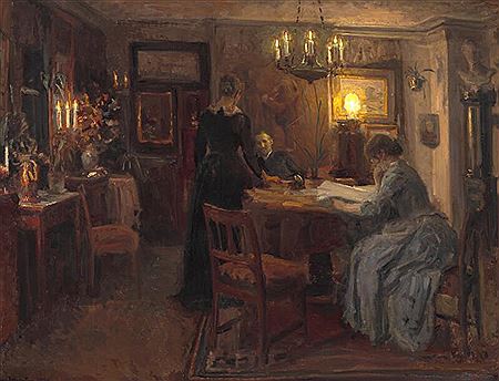 Viggo Johansen : Interior from the artist's home with the artist's wife Martha Johansen, his good friends the painter L. A. Ring and Helene Christensen