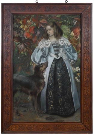 Christian Wilhelm Allers : Pre-Raphaelite Portrait of a Girl in Garden with a Dog, 1890