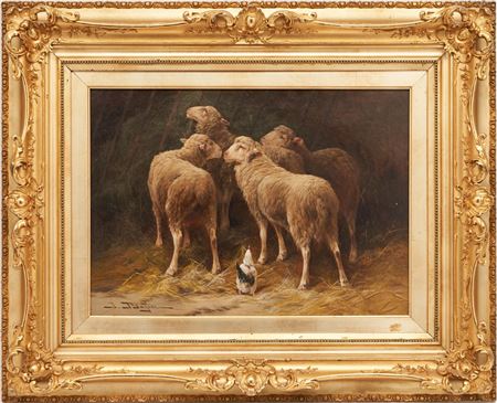 Jules Bathieu : A rural genre painting of sheep and chicken