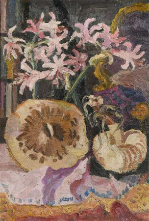 Lucy Harwood : Still Life with Pumpkins; the reverse painted with a garden scene