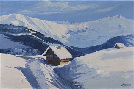 Andre Raynaud : Chalets in the mountains under the snow in good weather.