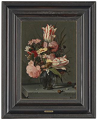 Hans Bollongier : Flowers in a glass vase on a ledge