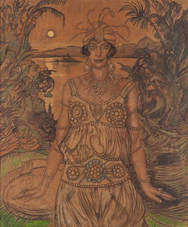 Stanislaw Ignacy Witkiewicz : Portrait of Irena Wiedyśkiewicz-Polniakowa against the backdrop of an exotic landscape