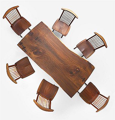 George Nakashima : Fine Single-Board 'Conoid' Dining Table and Set of Six Single-Board 'Conoid' Dining Chairs