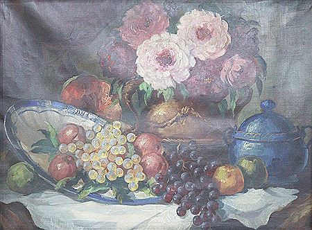 Gustav Maran : Still life with a bouquet of roses, a sliced ​​melon, an arrangement of peaches, grapes and apples and a lidded jar