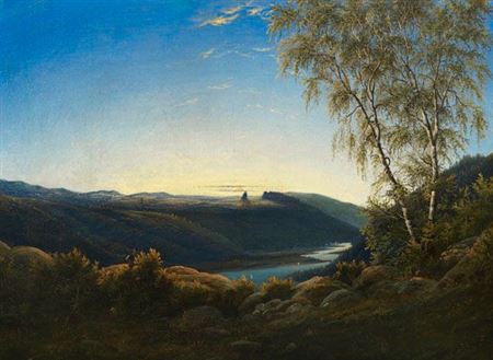 Carl Ernst Ludwig Friedrich Wagner : Meiningen Elblandschaft bei Sonnenaufgang. Wohl 1821