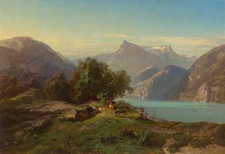 Friedrich Zimmermann : Resting by a mountain lake.