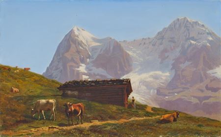 Albert Lugardon : Cows in the meadow in front of the Eiger and the Jungfrau.