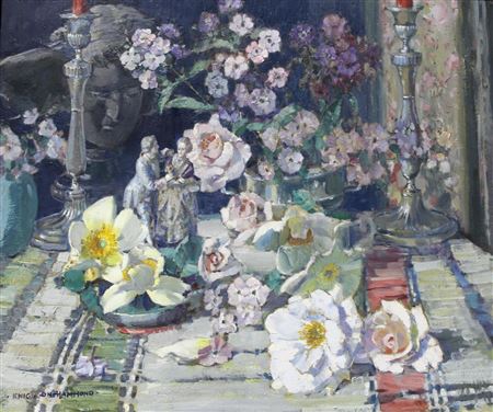 Arthur Henry Knighton-Hammond : A SUMMER STILL LIFE WITH FLOWERS AND SILVERWARE UPON A PATTERNED CLOTH