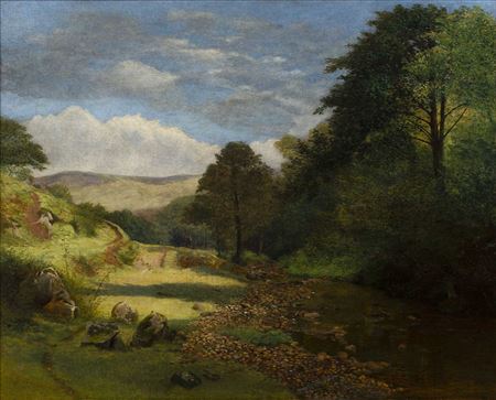 Edward C Booth : River landscape in Summer with lone traveller