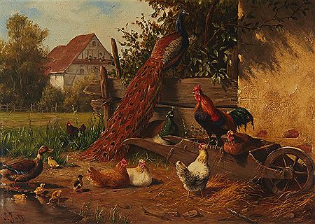 Carl Jutz Jr : Farm Scene With Peacocks, Chickens, And Ducks