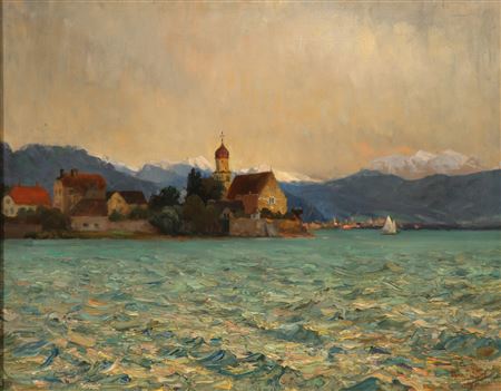 Franz Karl Loffler : Blick vom Malerwinkel auf die Halbinsel Wasserburg und den Bodensee an einem Frühlingstag.