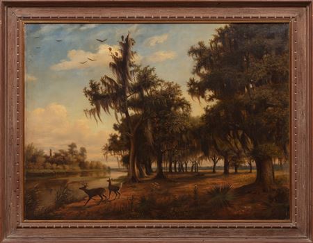 Adolph Rinck : 'Bayou Scene with Deer', 1877