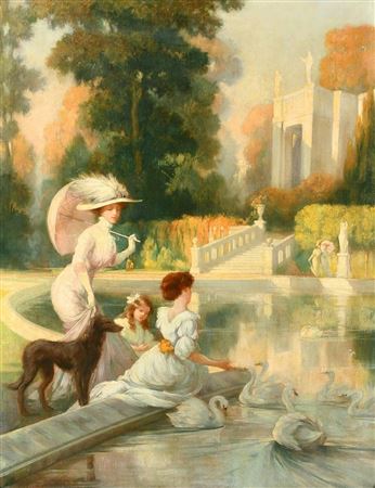 Jules Lentrein : Elegant female figures and swans in a formal garden