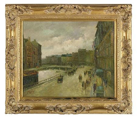 John William Morgan : 'Street Scene with Bridge and French Flags'