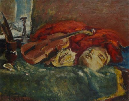 Ennio Pozzi : Natura morta con violino e maschera