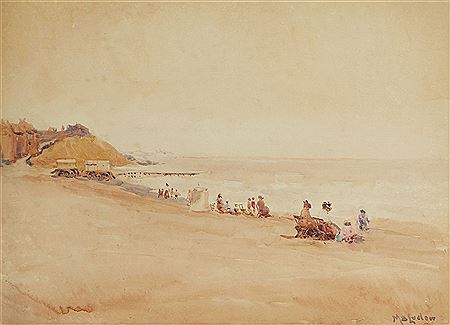 Mary Sophia Ludlow : A coastal landscape with figures on the beach