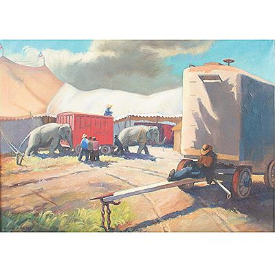 William Frederick Kaeser : Cole Brothers Circus scene with elephants