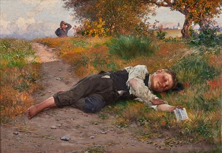 August Malmstrom : Summer landscape with sleeping boy