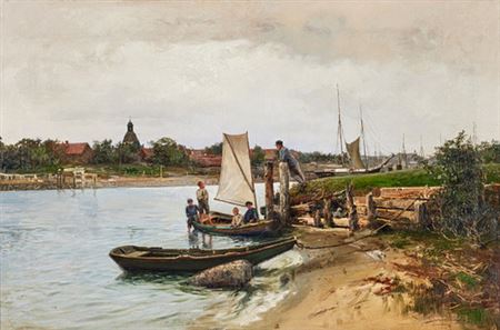 Severin Nilson : Summer landscape with children in a sailing dinghy