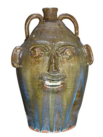 Burlon (BB) Craig : B. Craig. Monumental 6-8 Gallon Face Jug With Blue Routille Drips