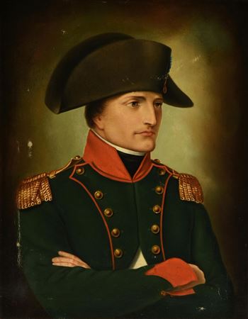 Diodore Rahoult : 'Napoléon Bonaparte Portrait In Three-Quarter Profile with Green Jacket and Folded Arms'