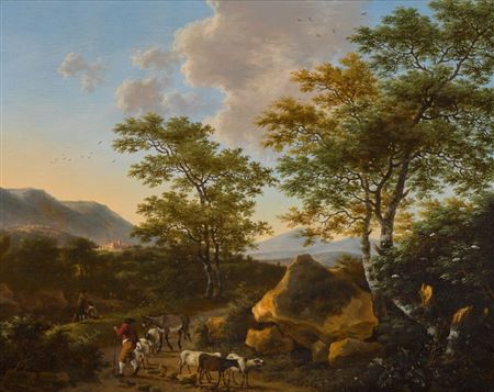 Willem De Heusch : An Italianate landscape with shepherds