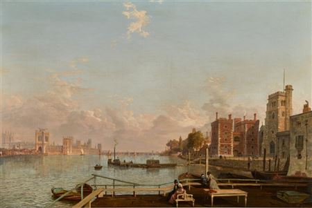 Henry Pether : London, a view of the Thames with the new Palace of Westminster under construction - Day