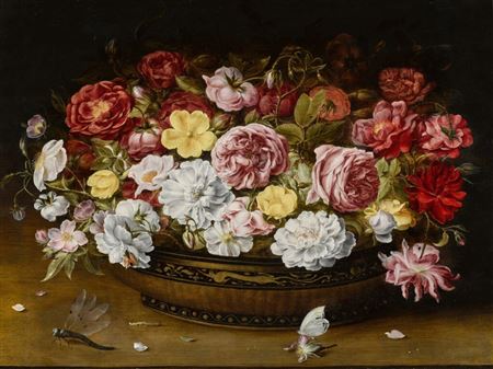 Osias Beert I : Still life of roses in an oriental lacquer and canework bowl, on a ledge with a butterfly and dragonfly