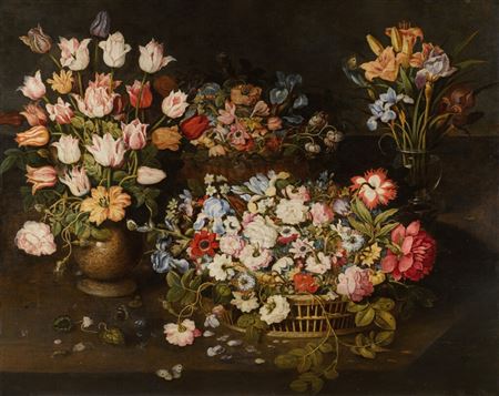 Osias Beert I : Still life of tulips and an apothecary's rose in a stoneware vase...