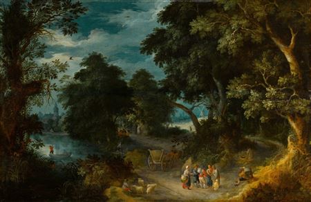 Abraham Govaerts : A wooded river landscape with travellers and peasants on a path, men in a boat and a village beyond