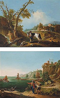 Zacarias Gonzalez Velazquez : Landscape with a hunter on horseback and dog Landscape with a Moor leading a young man