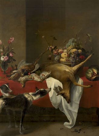 Frans Snyders : Game, fruit basket and vase of flowers on a table, near which stand two dogs