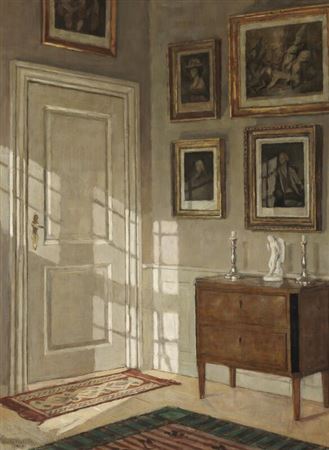 Niels Holsoe : Interior with engravings on the walls, Thorvaldsen's figure “Cupid Triumphant, Examining His Arrow” on the chest of drawers, and sunlight on the door.