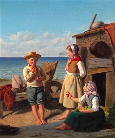 Julius Friedlaender : “Fiskerbørn i Begreb med at slutte en Tuskhandel”. Fishermen's children making a barter