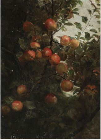 Nicoline Tuxen : “Voksende Æblegren med modne Æbler”. An apple bough with ripe apples