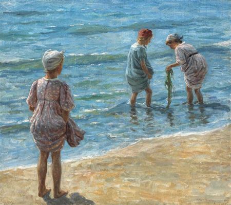 Johannes Wilhjelm : Children playing with seaweed at the water's edge on Skagen beach