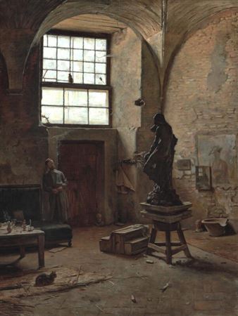 Valdemar Irminger : “En Billedhugger i sit Værksted i Rom”. The sculptor Theodor Lundberg (1852–1926) in his studio in Rome. He studies a clay figure placed on a sculpture trestle from a distance