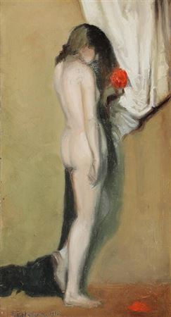 Elias Petersen : Naked woman holding a shedding rose