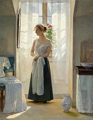 Cilius Andersen : Morning toilette. Interior with a young woman standing in front of a mirror by the window, with sunlight streaming into the room through the light curtains. Her light summer dress is placed on a chair.