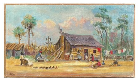 Catherine Haynes Stockwell : Florida Landscape with African-American Family Surrounding a Cabin