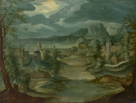 Otto Venius Van Veen : An extensive imaginary landscape with Italianate buildings by a river, a lake beyond