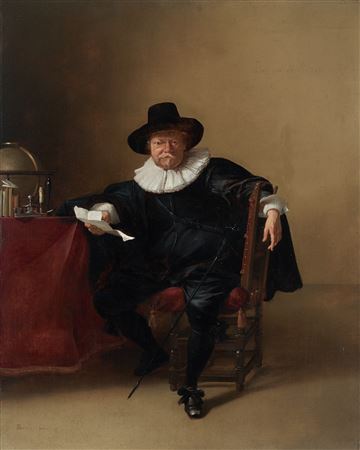 Bartholomeus Breenbergh : Portrait of a gentleman holding a letter, full-length, seated with a sword beside a draped table with a globe, candlestick, inkwell, books and letter