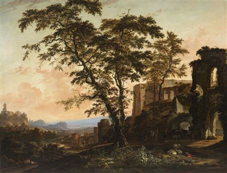 Hendrik Van Minderhout : An extensive Rhenish landscape with peasants and animals resting in the shade of Romanesque ruins