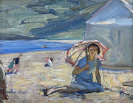 Florence Hess : 'Peggy' with a Parasol and Beach Tent at Runswick Bay