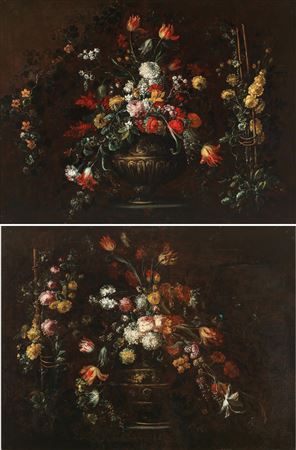 Elisabetta Marchioni : Roses, anemones, red carnations, guelder rose and other flowers in an urn