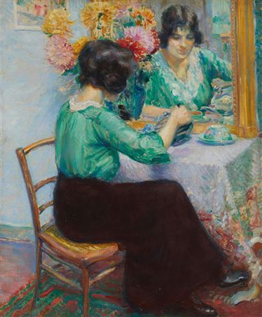 Jules Joets : Woman pouring tea at a table with mirror