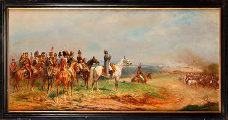 Eugene Pechaubes : Emperor Napoleon I and his staff observing a charge of cuirassiers