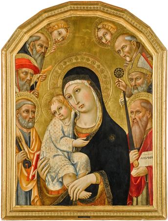 Sano Di Pietro : The Virgin and Child, with Saints Peter, Jerome, Anthony Abbot, Bernardino, Augustine, Paul, and two angels